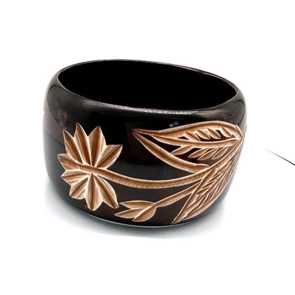 Retro Dark Brown Carved Plastic wide bangle bakelite style Large hands boho